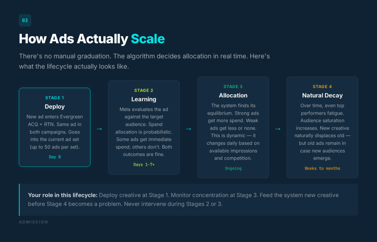 Module 2: How Ads Actually Scale — 4-stage lifecycle from Deploy to Natural Decay